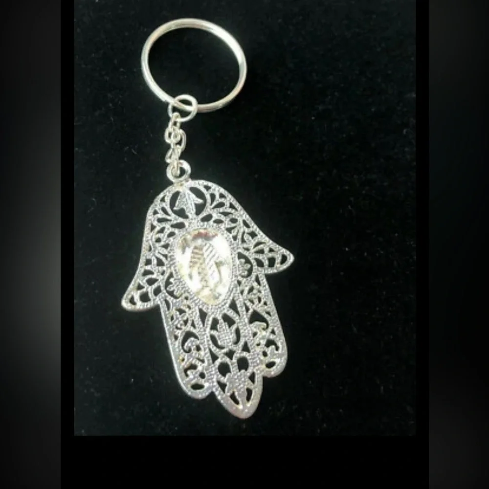 Hamsa Keychain Metal Hand Silver Tone Travel Souvenir Blue Accent New